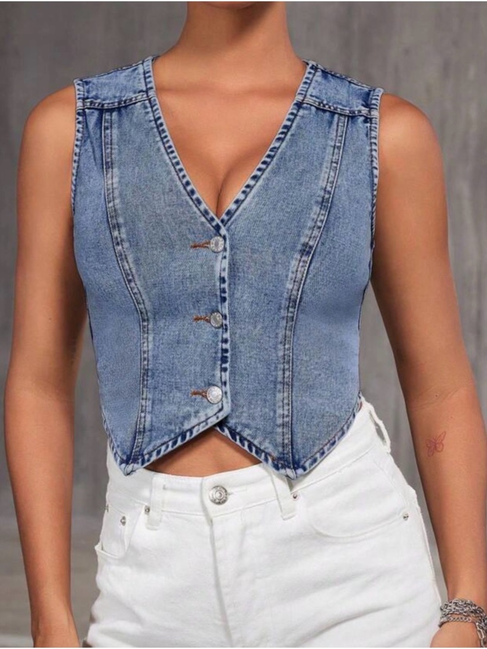 SHEIN Light Blue V-Neck Denim Crop Vest